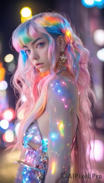 1girl,solo,long hair,breasts,looking at viewer,bangs,blue eyes,blonde hair,hair ornament,dress,bare shoulders,jewelry,very long hair,closed mouth,blue hair,upper body,pink hair,multicolored hair,earrings,blurry,from side,lips,looking to the side,eyelashes,makeup,depth of field,blurry background,blue dress,wavy hair,backless outfit,realistic,nose,backless dress,bokeh,rainbow hair,artist name,sparkle,strapless,aqua hair,gradient hair,night,watermark,gem,web address,lens flare,light