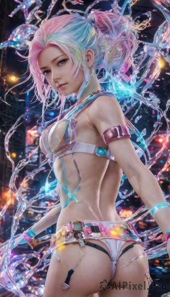 1girl,solo,long hair,breasts,looking at viewer,bangs,blue eyes,gloves,bare shoulders,jewelry,medium breasts,closed mouth,blue hair,standing,swimsuit,ponytail,pink hair,ass,bikini,multicolored hair,cowboy shot,parted lips,belt,looking back,sailor collar,water,from behind,blurry,bracelet,two-tone hair,lips,sideboob,tattoo,blurry background,back,white bikini,armlet,science fiction,realistic,nose,blonde hair,underwear,small breasts,gradient hair,bug,freckles