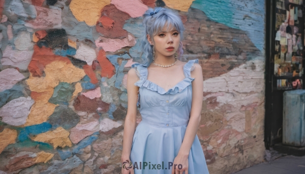 1girl,solo,breasts,looking at viewer,bangs,dress,bow,brown eyes,jewelry,standing,hair bow,grey hair,cowboy shot,earrings,frills,parted lips,sleeveless,necklace,white dress,mole,lips,makeup,sleeveless dress,blue dress,traditional media,mole on breast,realistic,arms at sides,red lips,pearl necklace,blue hair,teeth,medium hair,looking to the side,painting (medium)