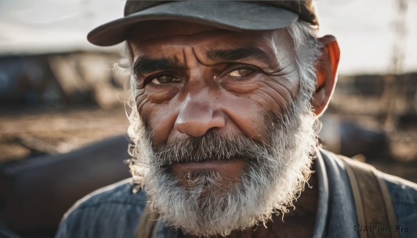 solo,looking at viewer,shirt,1boy,hat,brown eyes,closed mouth,upper body,white hair,male focus,blurry,blurry background,facial hair,blue shirt,portrait,beard,realistic,mustache,old,old man,outdoors,signature,depth of field,scar,scar on face,serious,manly,wrinkled skin