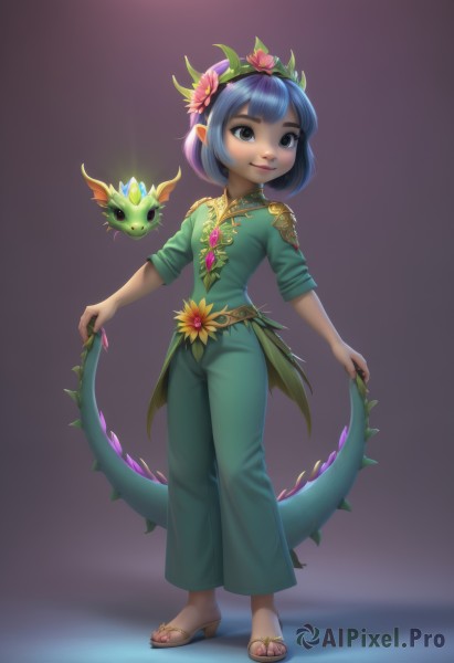 1girl,solo,smile,short hair,bangs,simple background,hair ornament,dress,brown eyes,jewelry,closed mouth,blue hair,standing,tail,full body,flower,hairband,pointy ears,pants,hair flower,dark skin,nail polish,black eyes,dark-skinned female,lips,toes,leaf,sandals,plant,gem,child,purple background,green dress,dragon,female child,vines,shirt,multicolored hair,horns,toenails,dragon girl,dragon tail,toenail polish,head wreath