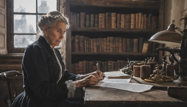 1girl,solo,short hair,long sleeves,1boy,dress,holding,jewelry,sitting,closed mouth,white hair,grey hair,male focus,earrings,day,indoors,blurry,black dress,from side,book,window,blurry background,chair,table,black nails,desk,robe,paper,bookshelf,pen,reading,lamp,old,old man,book stack,writing,quill,old woman,globe,wrinkled skin,nib pen (object),inkwell,looking at viewer,tree,lace trim,realistic,phonograph