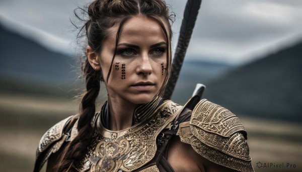 1girl,solo,long hair,brown hair,brown eyes,jewelry,closed mouth,upper body,weapon,braid,earrings,outdoors,sword,armor,blurry,black eyes,lips,looking to the side,grey eyes,single braid,tattoo,blurry background,facial mark,piercing,shoulder armor,messy hair,portrait,pauldrons,realistic,nose,fantasy,facepaint,weapon on back,chainmail,black hair,looking away,arrow (projectile),looking afar,facial tattoo,dirty,desert