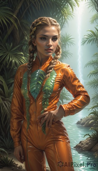 1girl,solo,long hair,breasts,looking at viewer,blonde hair,brown hair,hair ornament,long sleeves,twintails,brown eyes,standing,braid,cowboy shot,outdoors,parted lips,day,artist name,signature,dark skin,water,twin braids,dark-skinned female,tree,lips,fingernails,wet,hand on hip,bodysuit,makeup,leaf,grass,plant,wet clothes,nature,forehead,wading,zipper,freckles,arm at side,contrapposto,rock,realistic,nose,palm tree,unzipped,jumpsuit,full-length zipper,multiple braids,closed mouth,jacket,small breasts,open clothes,mole,looking to the side,watermark,looking away,sunlight,thick eyebrows,multicolored clothes,forest,light rays,sunbeam,dappled sunlight,orange jacket,dreadlocks