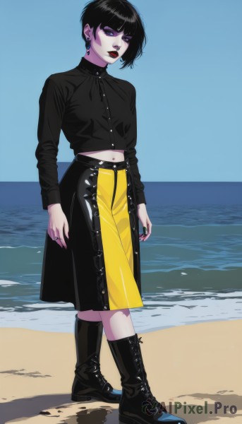 1girl,solo,looking at viewer,short hair,bangs,blue eyes,skirt,shirt,black hair,long sleeves,navel,jewelry,standing,purple eyes,full body,earrings,boots,outdoors,parted lips,sky,day,midriff,blunt bangs,black skirt,water,nail polish,black footwear,black eyes,blue sky,crop top,black shirt,makeup,buttons,shadow,ocean,beach,ring,knee boots,lipstick,pale skin,eyeshadow,cross-laced footwear,walking,long skirt,sand,horizon,lace-up boots,red lips,eyeliner,leather,yellow skirt,purple lips,black lips,leather boots,piercing,ear piercing,black nails,cigarette,purple nails,shore,gothic