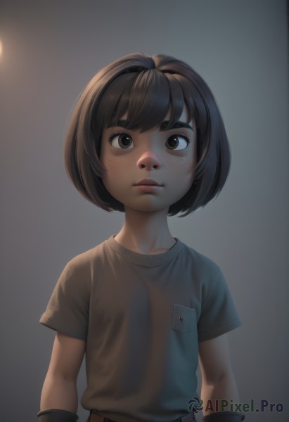 1girl,solo,looking at viewer,short hair,bangs,brown hair,shirt,gloves,brown eyes,closed mouth,upper body,short sleeves,black gloves,belt,artist name,lips,bob cut,thick eyebrows,t-shirt,child,backlighting,freckles,pocket,female child,breast pocket,brown shirt,simple background,white background,realistic,nose,arms at sides