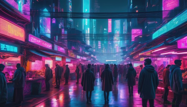 1girl,short hair,multiple girls,standing,jacket,outdoors,multiple boys,solo focus,hood,bag,from behind,coat,night,ground vehicle,building,scenery,reflection,6+boys,city,sign,hands in pockets,road,cityscape,street,crowd,shop,city lights,cyberpunk,reflective floor,neon lights,people,6+others,backpack,walking,science fiction,blue theme,dark,wide shot,neon trim,storefront