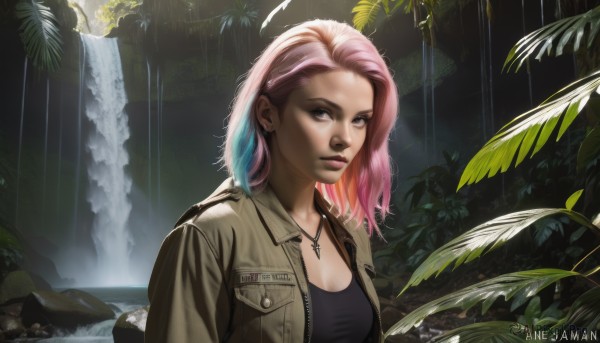 1girl,solo,breasts,looking at viewer,short hair,shirt,cleavage,brown eyes,jewelry,medium breasts,closed mouth,blue hair,jacket,upper body,pink hair,multicolored hair,outdoors,open clothes,artist name,medium hair,water,necklace,two-tone hair,open jacket,tree,lips,wet,black shirt,makeup,leaf,watermark,tank top,cross,plant,nature,web address,rain,brown jacket,rock,realistic,nose,cross necklace,dog tags,waterfall,grey eyes,forest