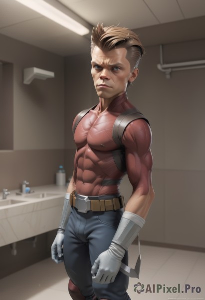 solo,looking at viewer,short hair,blue eyes,blonde hair,brown hair,black hair,gloves,1boy,closed mouth,standing,male focus,multicolored hair,belt,pants,artist name,indoors,white gloves,two-tone hair,bodysuit,muscular,watermark,abs,pectorals,muscular male,skin tight,clenched hands,mirror,realistic,blue pants,undercut,bathroom,biceps,superhero,covered abs,covered navel,serious,sink