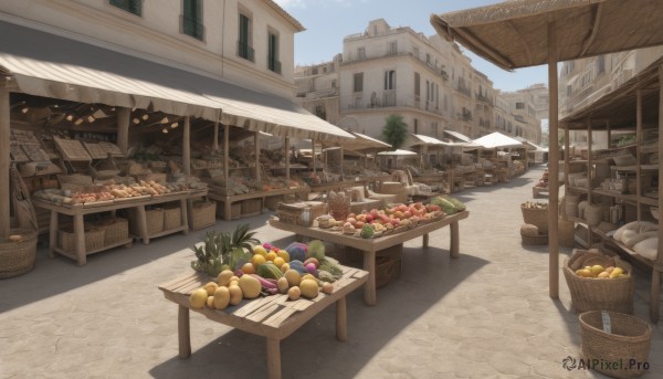 outdoors,food,sky,day,tree,blue sky,no humans,window,fruit,chair,table,building,scenery,city,apple,basket,road,cityscape,house,bread,street,vegetable,town,barrel,shadow,plant,ground vehicle,plate,bowl,grapes,pavement,crate