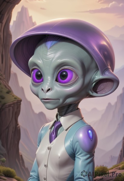 1girl,solo,breasts,shirt,1boy,hat,purple eyes,upper body,male focus,small breasts,outdoors,necktie,sky,collared shirt,cloud,vest,colored skin,robot,science fiction,mountain,blue skin,green skin,grey skin,purple necktie,alien,white vest,covered nipples,lips,no humans,buttons