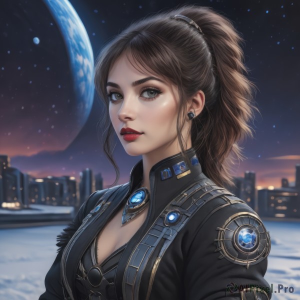 1girl,solo,long hair,breasts,looking at viewer,brown hair,cleavage,brown eyes,jewelry,medium breasts,jacket,upper body,ponytail,earrings,outdoors,parted lips,open clothes,sky,blurry,lips,makeup,night,blurry background,lipstick,brooch,gem,star (sky),night sky,starry sky,science fiction,city,nose,red lips,cityscape,space,planet,earth (planet),city lights,bangs,artist name,black jacket,realistic,earphones,earbuds,earpiece