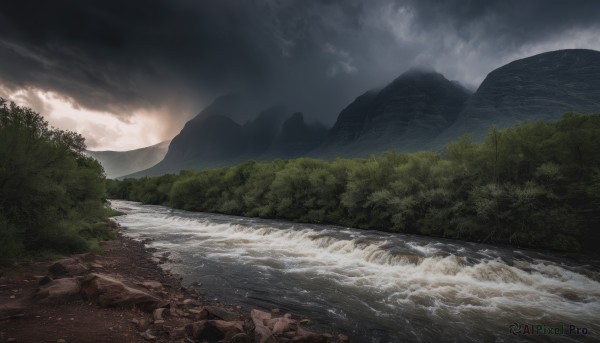 outdoors,sky,day,cloud,water,tree,no humans,cloudy sky,grass,nature,scenery,forest,rock,mountain,river,waves,landscape,lake,mountainous horizon,shore