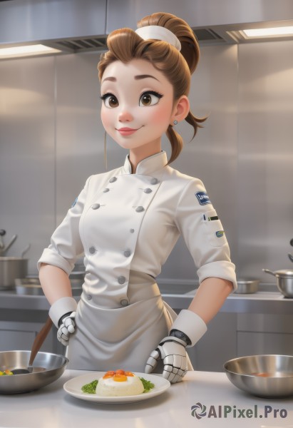 1girl,solo,smile,brown hair,gloves,brown eyes,jewelry,closed mouth,ponytail,earrings,food,indoors,white gloves,hair bun,apron,lips,buttons,waist apron,plate,bowl,hands on hips,spoon,double-breasted,stud earrings,cooking,kitchen,chef hat,egg (food),chef,soup,long hair,looking at viewer,blush,standing,artist name,hand on hip,makeup,single hair bun,lipstick,mechanical arms,cyborg,prosthesis,ladle,prosthetic arm