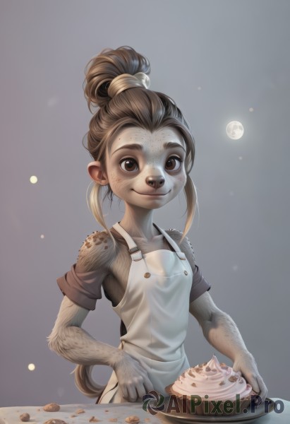 1girl,solo,breasts,looking at viewer,smile,simple background,brown hair,animal ears,brown eyes,closed mouth,collarbone,tail,upper body,small breasts,food,grey background,hair bun,apron,moon,table,furry,full moon,plate,freckles,cake,furry female,body fur,naked apron,cookie,brown fur,shirt,ponytail,single hair bun,realistic,dirty,dirty face,dirty clothes