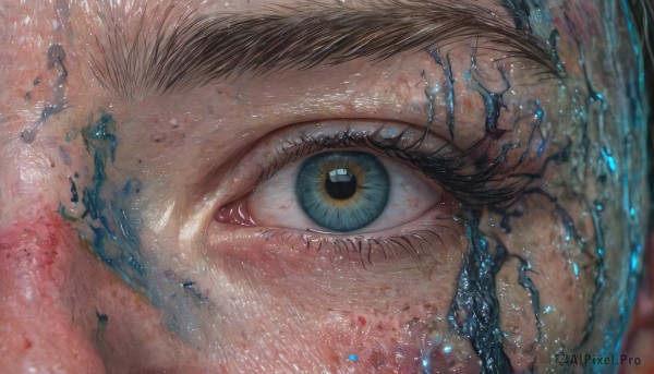 1girl,solo,looking at viewer,open mouth,brown hair,brown eyes,yellow eyes,water,blurry,lips,eyelashes,close-up,reflection,realistic,eye focus,1boy,green eyes,male focus,blood,portrait,freckles