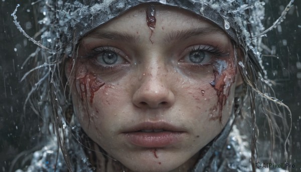 1girl,solo,looking at viewer,brown hair,black hair,jewelry,outdoors,parted lips,water,blurry,lips,grey eyes,eyelashes,blood,facial mark,gem,portrait,snow,close-up,rain,blood on face,snowing,realistic,teeth,headband,freckles,injury,bandana