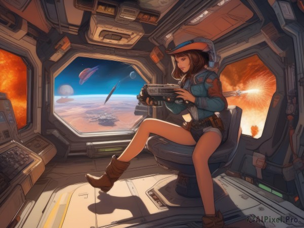 1girl,solo,long hair,smile,brown hair,long sleeves,hat,holding,brown eyes,sitting,jacket,weapon,boots,shorts,belt,holding weapon,open jacket,lips,gun,short shorts,shadow,brown footwear,holding gun,science fiction,camera,space,explosion,planet,earth (planet),spacecraft,cockpit,window,rifle,realistic,sun,firing,alien,holographic interface,laser,cowboy boots