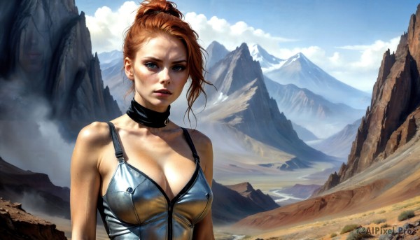 HQ,1girl,solo,breasts,looking at viewer,blue eyes,large breasts,brown hair,cleavage,bare shoulders,medium breasts,collarbone,upper body,ponytail,outdoors,parted lips,sky,choker,day,cloud,orange hair,blue sky,lips,rock,mountain,realistic,dirty,desert,short hair,red hair,collar,cloudy sky,injury,topknot,dirty face