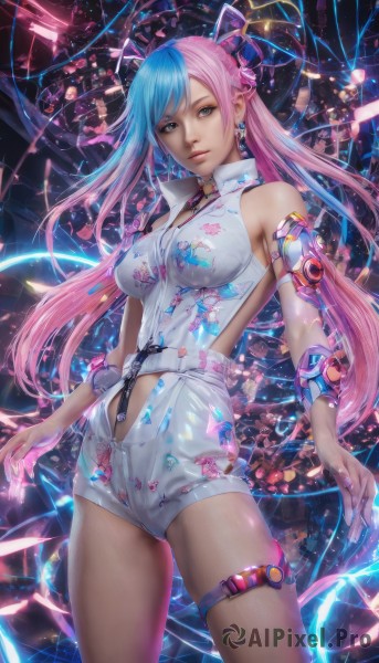 1girl,solo,long hair,breasts,looking at viewer,bangs,blue eyes,navel,bare shoulders,twintails,jewelry,medium breasts,blue hair,yellow eyes,pink hair,multicolored hair,cowboy shot,earrings,shorts,sleeveless,two-tone hair,lips,thigh strap,heterochromia,science fiction,realistic,hair ornament,green eyes,standing,belt,artist name,watermark,zipper,nose,split-color hair