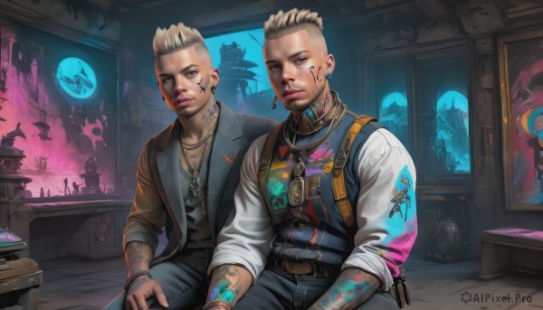 looking at viewer,short hair,blonde hair,shirt,jewelry,sitting,closed mouth,jacket,male focus,earrings,multiple boys,open clothes,belt,pants,indoors,dark skin,2boys,necklace,vest,bracelet,lips,tattoo,piercing,dark-skinned male,ear piercing,watch,realistic,nose,wristwatch,arm tattoo,undercut,facial tattoo,paint,mohawk,cyberpunk,graffiti,1girl,1boy,collar,siblings,sleeves rolled up,very short hair,paint splatter