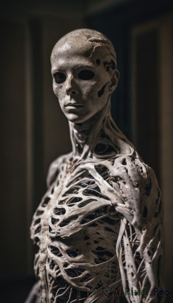 solo,looking at viewer,1boy,closed mouth,monochrome,upper body,male focus,blurry,no humans,blurry background,1other,realistic,bald,ribs,skeleton,bone,alien,horror (theme),skull,monster,no eyes,spine