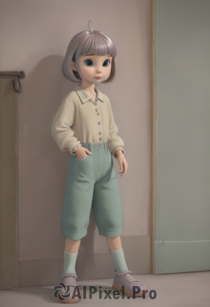 1girl,solo,looking at viewer,short hair,bangs,blue eyes,brown hair,shirt,long sleeves,closed mouth,standing,full body,ahoge,grey hair,hairband,shoes,shorts,socks,puffy sleeves,collared shirt,pants,indoors,blunt bangs,lips,buttons,shadow,brown footwear,child,puffy long sleeves,blue shorts,hand in pocket,door,female child,grey socks,white shirt,bob cut,white socks,green socks