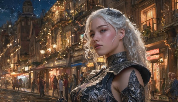 1girl,long hair,breasts,blue eyes,multiple girls,large breasts,cleavage,white hair,outdoors,multiple boys,horns,sky,solo focus,armor,mole,tree,lips,clothing cutout,night,cleavage cutout,looking up,building,star (sky),night sky,christmas,scenery,faceless,starry sky,6+boys,faceless male,city,realistic,fantasy,road,cityscape,lamppost,crowd,people,looking at viewer,hair ornament,medium breasts,upper body,parted lips,fake horns,street,pavement,storefront