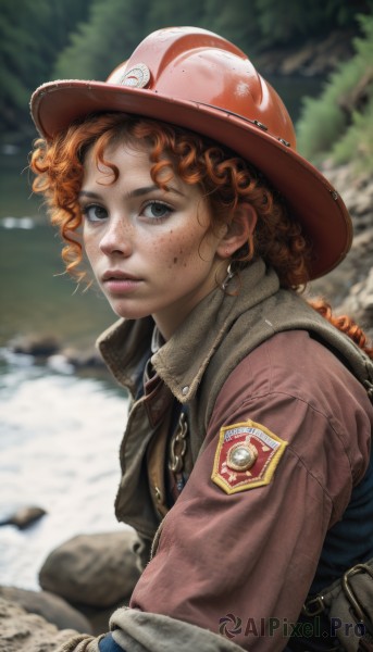 1girl,solo,long hair,looking at viewer,brown hair,gloves,hat,jewelry,jacket,upper body,earrings,outdoors,parted lips,day,orange hair,blurry,uniform,black eyes,vest,lips,grey eyes,blurry background,freckles,curly hair,rock,realistic,nose,short hair,red hair,bag,from side,pouch,dirty,dirty face