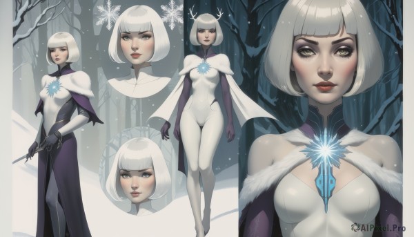 1girl,breasts,looking at viewer,short hair,bangs,gloves,dress,medium breasts,standing,white hair,parted lips,elbow gloves,blunt bangs,cape,tree,lips,grey eyes,bodysuit,makeup,multiple views,capelet,bob cut,lipstick,snow,snowing,red lips,snowflakes,white cape,white bodysuit,solo,blush,smile,green eyes,yellow eyes,weapon,black gloves,covered navel,long dress,wand,antlers,winter,snowflake print