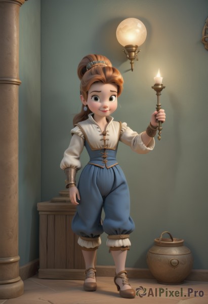 1girl,solo,long hair,looking at viewer,smile,brown hair,shirt,long sleeves,holding,brown eyes,jewelry,standing,full body,ponytail,earrings,pants,indoors,bracelet,lips,aged down,child,corset,candle,bracer,puffy pants,hair ornament,white shirt,shoes,artist name,signature,blue pants,candlelight