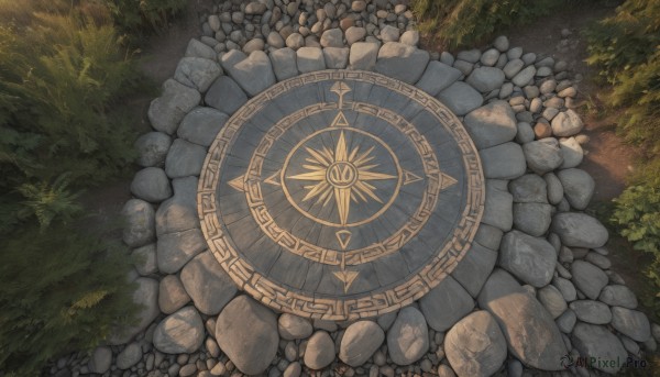 outdoors,day,tree,no humans,shadow,from above,grass,plant,nature,scenery,rock,bush,wall,path,stone,english text,sunlight,clock,roman numeral,stone floor