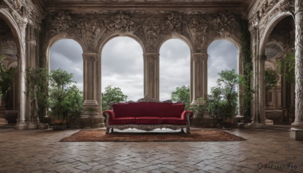 outdoors,sky,day,cloud,indoors,tree,blue sky,no humans,window,cloudy sky,plant,scenery,couch,stairs,bench,bush,tile floor,ruins,pillar,arch,column,chair,table,wooden floor,potted plant,architecture,pavement