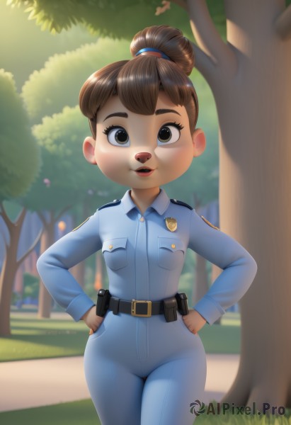 1girl,solo,breasts,looking at viewer,short hair,open mouth,bangs,brown hair,shirt,long sleeves,brown eyes,standing,cowboy shot,outdoors,day,collared shirt,belt,pants,hair bun,blurry,uniform,tree,thigh gap,single hair bun,thick eyebrows,grass,blue shirt,furry,pocket,hands on hips,black belt,pouch,furry female,blue pants,badge,police,police uniform,policewoman,buck teeth,ponytail,teeth,artist name,lips,bodysuit,watermark,patch