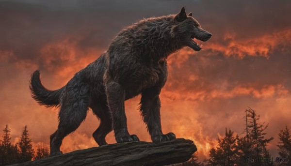 solo,open mouth,tail,outdoors,sky,teeth,cloud,from side,tree,no humans,profile,animal,fangs,cloudy sky,sharp teeth,nature,claws,forest,dog,animal focus,wolf,red sky,signature,fire,monster