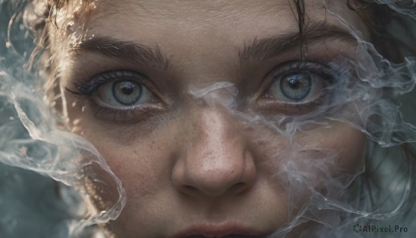 1girl,solo,looking at viewer,blue eyes,brown hair,black hair,closed mouth,water,lips,grey eyes,eyelashes,portrait,close-up,reflection,ice,realistic,glass,eye focus,facial hair,smoke,freckles,nose