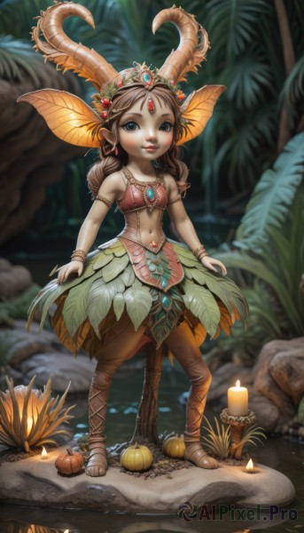 1girl,solo,long hair,looking at viewer,blue eyes,skirt,brown hair,hair ornament,navel,jewelry,standing,full body,outdoors,horns,pointy ears,midriff,water,necklace,blurry,flat chest,bracelet,tree,lips,leaf,grass,tiara,plant,monster girl,gem,child,nature,armlet,forest,circlet,lantern,rock,headdress,mushroom,forehead jewel,bare shoulders,braid,earrings,barefoot,artist name,nail polish,makeup,copyright name,watermark,facial mark,forehead mark,bangle,candle,pumpkin