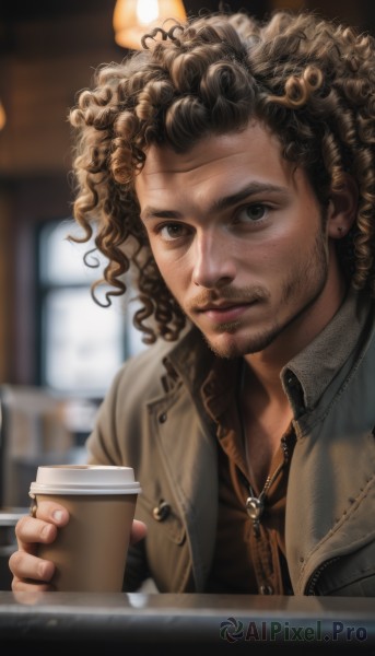 solo,looking at viewer,brown hair,shirt,1boy,holding,brown eyes,jewelry,jacket,upper body,male focus,earrings,collared shirt,indoors,dark skin,blurry,cup,lips,blurry background,facial hair,piercing,dark-skinned male,holding cup,beard,zipper,freckles,curly hair,brown jacket,realistic,nose,mustache,brown shirt,disposable cup,coffee,coffee cup,afro,necklace,stubble,goatee,lamp