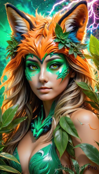 1girl,solo,long hair,breasts,looking at viewer,blonde hair,hair ornament,animal ears,cleavage,jewelry,medium breasts,green eyes,yellow eyes,upper body,multicolored hair,parted lips,artist name,signature,necklace,orange hair,lips,animal ear fluff,fox ears,eyelashes,makeup,glowing,leaf,watermark,facial mark,plant,slit pupils,web address,eyeshadow,freckles,nose,electricity,eyeliner,lightning,bare shoulders,closed mouth,swimsuit,flower,bikini,hair flower,facepaint,green bikini,vines,energy