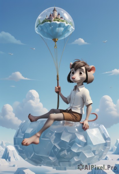 1girl,solo,smile,short hair,bangs,brown hair,shirt,1boy,holding,animal ears,brown eyes,sitting,closed mouth,tail,full body,white shirt,short sleeves,male focus,outdoors,sky,shorts,barefoot,day,collared shirt,artist name,cloud,signature,black eyes,feet,blue sky,bird,watermark,happy,building,child,claws,furry,animal hands,ice,crystal,mouse ears,furry female,furry male,male child,mouse tail,balloon,body fur,dirty,brown shorts,animal nose,mouse,castle,snout,animal feet,dirty feet,open mouth,teeth,floating,mountain,aircraft,tower,buck teeth,floating island