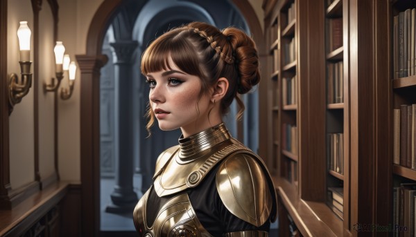 1girl,solo,short hair,bangs,blue eyes,brown hair,jewelry,upper body,braid,parted lips,indoors,hair bun,armor,blurry,from side,lips,looking to the side,book,makeup,single hair bun,shoulder armor,freckles,pauldrons,breastplate,realistic,nose,bookshelf,candle,library,breasts,closed mouth,earrings,blunt bangs,eyelashes,stairs,gold,knight,gorget,gold armor