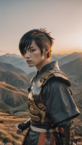 1girl,solo,looking at viewer,short hair,bangs,black hair,long sleeves,1boy,brown eyes,closed mouth,standing,upper body,male focus,cowboy shot,outdoors,japanese clothes,sky,armor,black eyes,from side,lips,sash,clenched hand,androgynous,mountain,realistic,nose,japanese armor,facepaint,field,arm guards,mountainous horizon,gloves,fingerless gloves,blood,makeup,facial mark,sunlight,eyeshadow,clenched hands,backlighting,sunset,breastplate,sun,dirty,sunrise