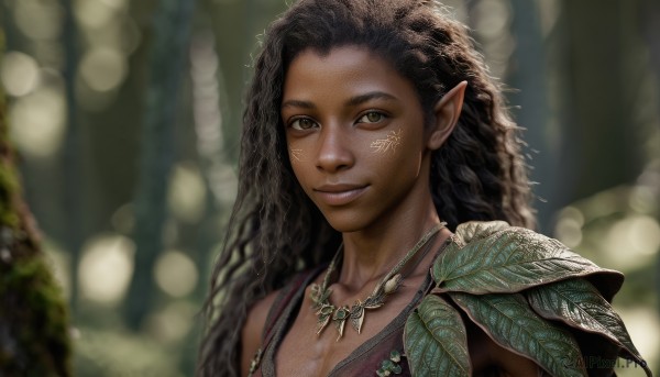 1girl,solo,long hair,looking at viewer,smile,brown hair,black hair,brown eyes,jewelry,upper body,pointy ears,dark skin,necklace,armor,blurry,dark-skinned female,lips,tattoo,depth of field,blurry background,facial mark,elf,portrait,curly hair,realistic,nose,facepaint,tribal,tooth necklace,breasts,cleavage,medium breasts,leaf,sunlight,nature,forest,dreadlocks