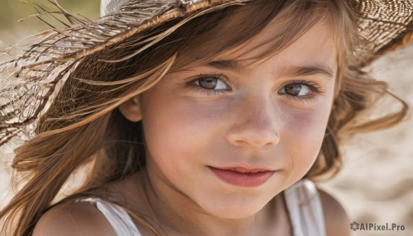 1girl,solo,long hair,looking at viewer,smile,bangs,brown hair,hat,bare shoulders,brown eyes,closed mouth,sleeveless,blurry,lips,blurry background,portrait,close-up,freckles,sun hat,realistic,nose,straw hat,eyelashes,light smile