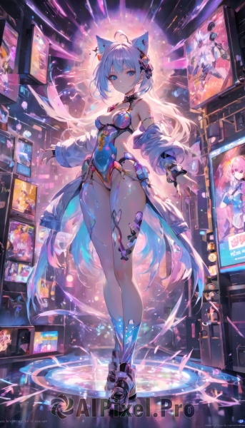 1girl,solo,long hair,breasts,looking at viewer,short hair,bangs,blue eyes,multiple girls,hair ornament,thighhighs,gloves,long sleeves,animal ears,cleavage,hair between eyes,bare shoulders,medium breasts,very long hair,closed mouth,blue hair,standing,jacket,full body,pink hair,ahoge,white hair,thighs,multicolored hair,parted lips,detached sleeves,open clothes,shoes,solo focus,choker,black gloves,socks,cat ears,fingerless gloves,off shoulder,black footwear,leotard,open jacket,animal ear fluff,see-through,legs,bare legs,covered navel,detached collar,highleg,white jacket,outstretched arms,revealing clothes,highleg leotard,reflection,blue leotard,platform footwear,tail,tattoo,fake animal ears,white footwear,ear piercing,backlighting,science fiction,spread arms,skates,cyberpunk,roller skates,neon lights,ice skates