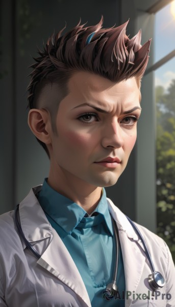 solo,looking at viewer,short hair,brown hair,shirt,1boy,brown eyes,closed mouth,jacket,upper body,male focus,outdoors,day,collared shirt,indoors,blurry,lips,blurry background,facial hair,white jacket,blue shirt,spiked hair,portrait,realistic,nose,labcoat,stethoscope,doctor,blush,black hair,window,green shirt,undercut,aqua shirt