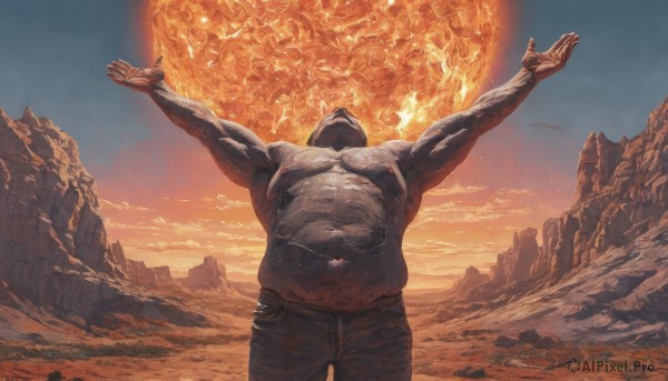 solo,1boy,navel,nipples,standing,male focus,outdoors,sky,pants,cloud,hood,arms up,muscular,glowing,outstretched arms,fire,pectorals,muscular male,scenery,topless male,sunset,rock,mountain,realistic,aircraft,airplane,fat,open hands,fat man,signature,star (sky),floating,sun,bald,planet,earth (planet),desert