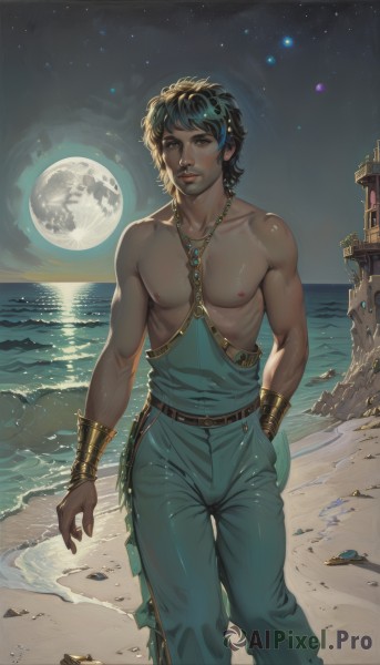 solo,looking at viewer,short hair,black hair,1boy,brown eyes,jewelry,nipples,blue hair,standing,collarbone,male focus,outdoors,sky,belt,pants,artist name,dark skin,water,necklace,bracelet,lips,muscular,night,ocean,watermark,beach,moon,dark-skinned male,pectorals,star (sky),night sky,web address,full moon,starry sky,arm at side,walking,topless male,hand in pocket,rock,realistic,nose,sand,overalls,bracer,planet,waves,shore,desert,parted lips,constellation