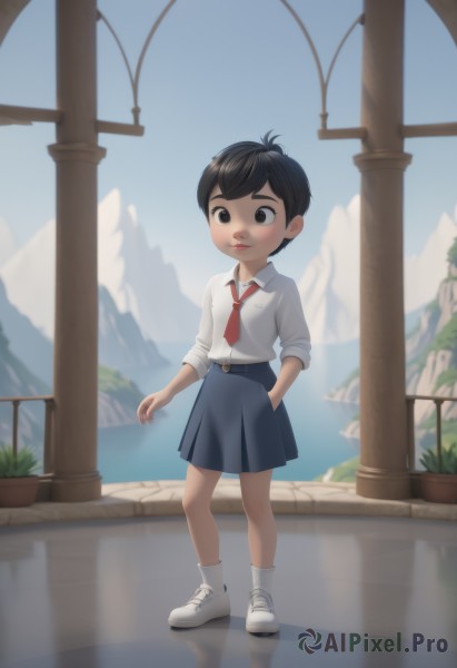 1girl,solo,smile,short hair,bangs,skirt,brown hair,shirt,black hair,brown eyes,closed mouth,school uniform,standing,full body,white shirt,pleated skirt,outdoors,necktie,sky,shoes,day,socks,collared shirt,belt,water,black eyes,blue sky,blue skirt,white footwear,white socks,red necktie,sneakers,child,sleeves rolled up,reflection,hand in pocket,female child,shirt tucked in,pillar,lake,column,looking at viewer,blush,1boy,male focus,male child