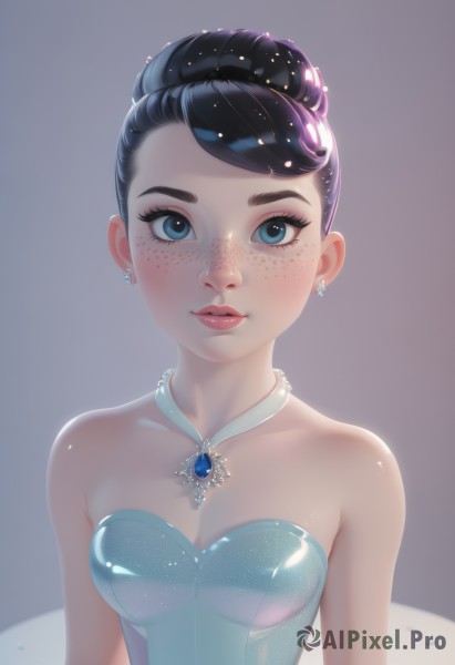 1girl,solo,breasts,looking at viewer,short hair,blue eyes,black hair,hair ornament,dress,cleavage,bare shoulders,jewelry,collarbone,upper body,earrings,small breasts,parted lips,necklace,hair bun,lips,eyelashes,strapless,makeup,blue dress,single hair bun,tiara,gem,strapless dress,eyeshadow,freckles,bangs,medium breasts,shiny,swept bangs,brooch,nose